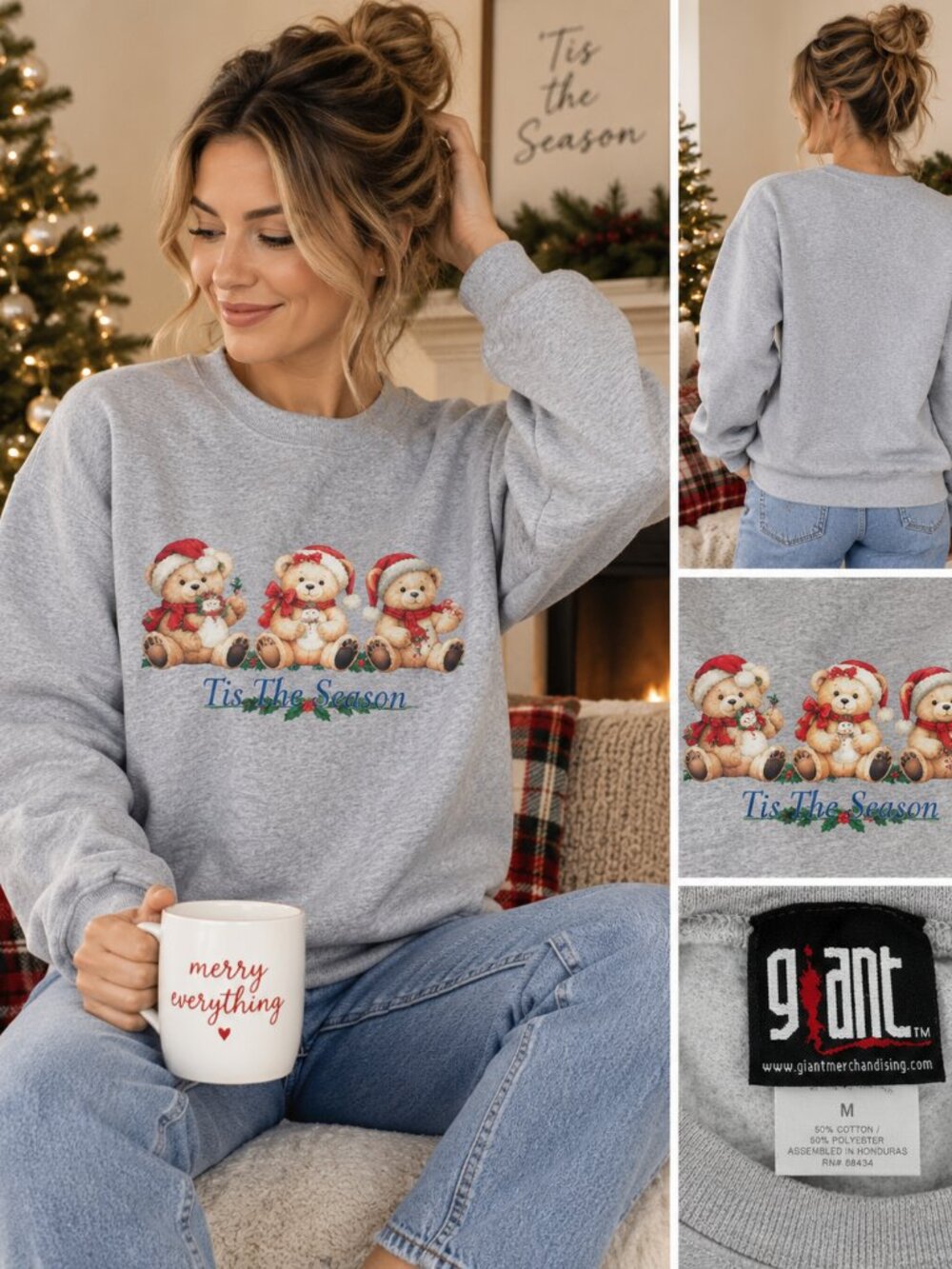 Vintage Giant Christmas Sweatshirt Womens M Teddy Bears Tis The Season Gray